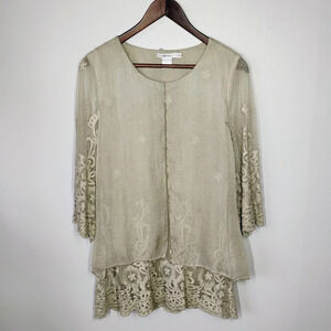 Feratelli Sheer Lace Layered Long Flowy Top Green Lagenlook Fairycore Size Small
